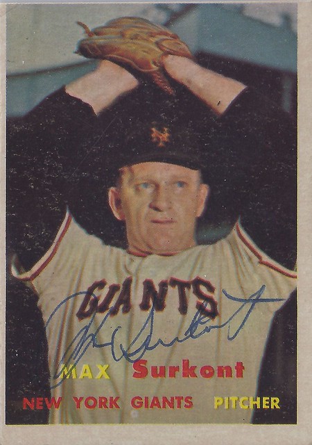 1957 Topps - Max Surkont #310 (Pitcher) (b: 16 Jun 1922 - d: 8 Oct 1986 at age 64) - Autographed Baseball Card (New York Giants)