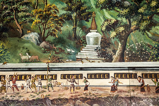 Wall painting of pilgrims at Kathmandu's Swayamboudha Stupa at Drigung Kagyud Dharmaraja Foundation in Lumbini - birthplace of the Buddha - Nepal