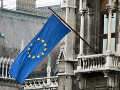 European flag flying; Budapest Parliament