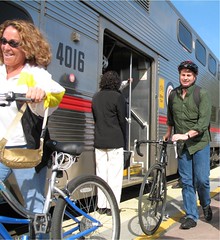 Cyclists disembark Caltrain at Palo Alto Station on Bike To Work Day