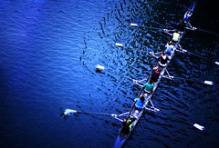 a team in a rowboat on blue water
