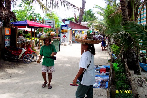 ambulant, food, fruit, peddler, Philippines, snack balance Boracay head walking women beach
