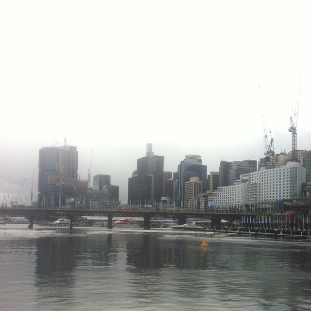 A grey view of Darling Harbour