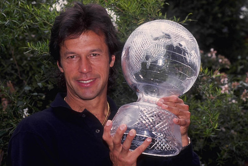 Mar 1992: Imran Khan, the captain of Pakistan displays the Cricket World Cup 