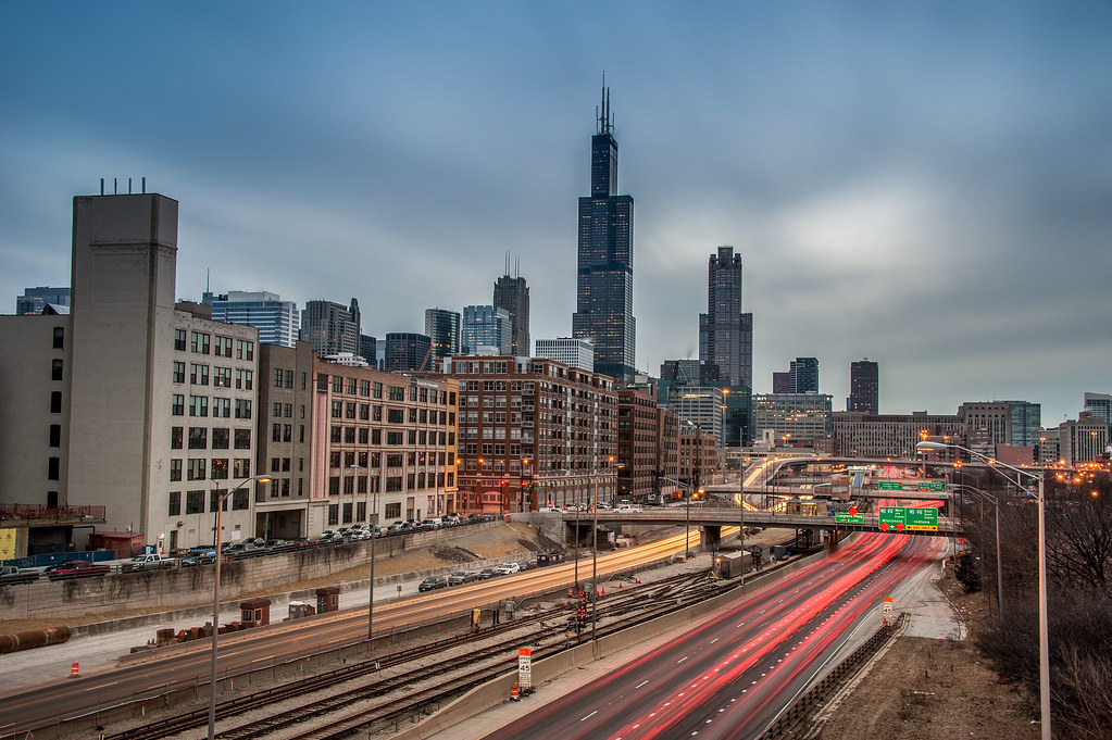 A long exposure of the Skyline and Highway from the UIC campus.
