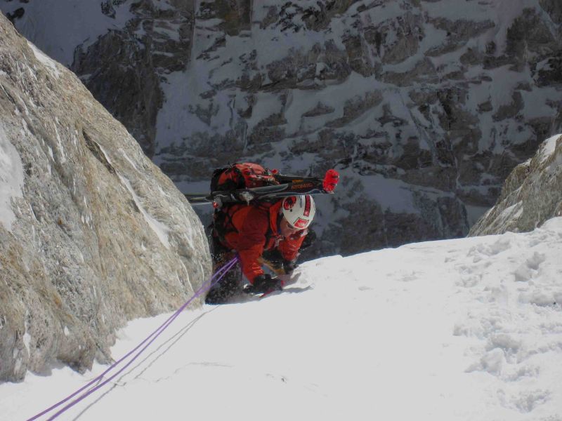 Reed Finlay surmounts an ice buldge in the Chevy Couloir on the Grand Teton