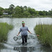 Lauren Davis brings in minnow traps filled with mummichog at the living shoreline along Lafayette Ri