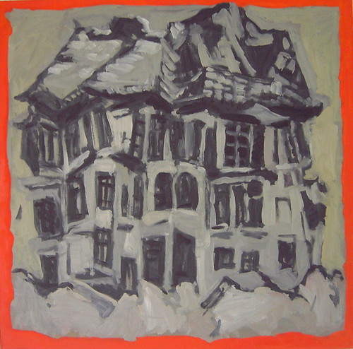 Collapsing House, 2006, oil on masonite board