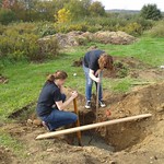 Students work together to dig a hole outside.