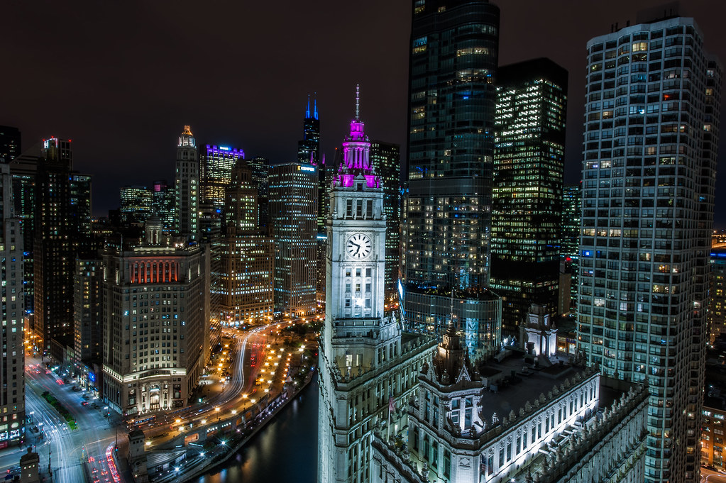 The nighttime version of this spectacular view from the Veranda of Tribune Tower.