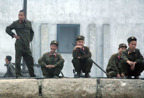 North Korea. Laughing North Korean soldiers