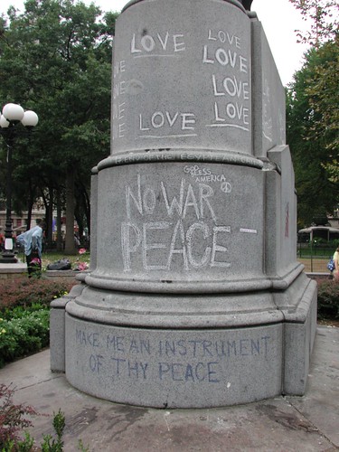 Anti-war graffiti on base of statue, Union Square Park, September 24, 2001