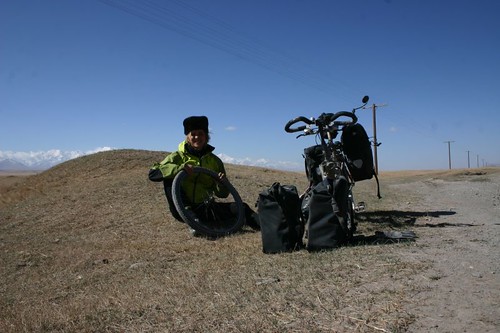 Having a flat tyre in Kyrgyzstan!