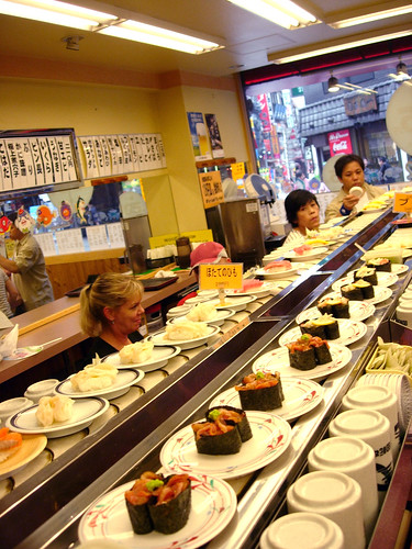 conveyor belt sushi. This kaiten sushi bar was a few blocks from Shinjuku station to Kabuki-Cho#39;s