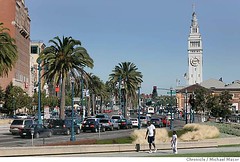 Traffic, both mechanized and pedestrian, moves along the Embarcadero
