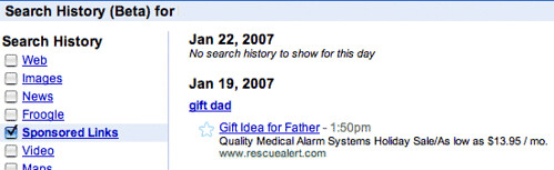 Google Search History Has Sponsored Links