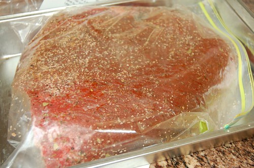 Beef, trimmed, stabbed, and rubbed with spices