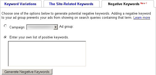 Google Keyword Tool - Negative KW Tab