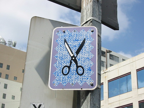 scissors sign at 9th and Los Angeles streets in downtown LA