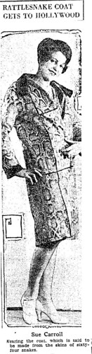 Sue Carroll in rattlesnake coat, 1927
