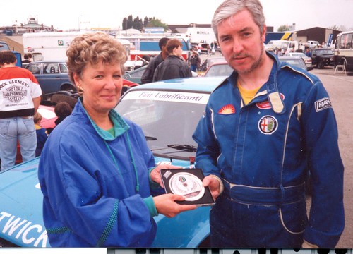 Bob Buttery receives a race winner’s trophy at Brands Hatch from Jean Parsons and later went on to win the 1983 Championship title.