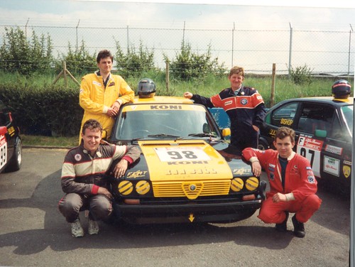The Ken Bell Alfasud Team  – front: Paul Edwards and Adie Hawkins, back: Rob Bishop and Ken Bell. Paul won Class F in 1989 and Adie would go on to a back-to-back Class F championship in 1997 and 1998 with a 33.