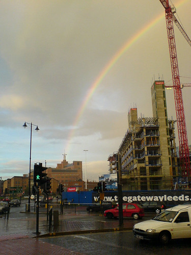 Spotted. Rainbows being fired from Leeds landmarks
