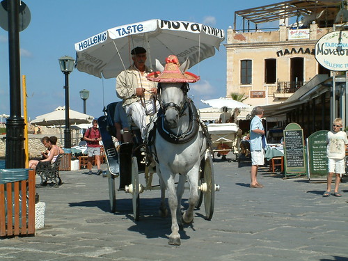 Horse wearing a red hat in Chania
