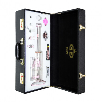Grace Glass - Limited Edition Bong with Slitted Inline Diffuser Perc & Atomium Perc - Complete Set in Leather Gift Case - Pink