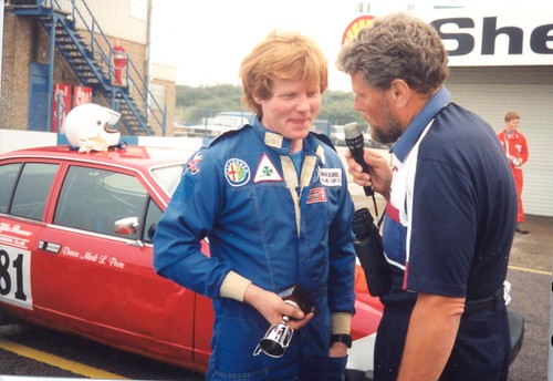 1993 Champion Mark Peers (Alfetta GTV) talks to Andrew Wilkins after another class win.