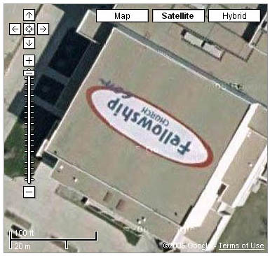 Fellowship Church roof in Google Maps - detail