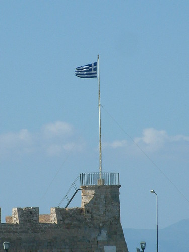 Chania harbor Greek flag