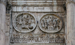 Boar hunt (left tondo), sacrifice to Apollo (right tondo), frieze with oration at the Rostrum (Forum), Arch of Constantine (north) close