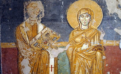 Madonna and Child Enthroned with Saints (left end), c. 741-752, Santa Maria Antiqua, Rome