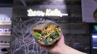 Kale, Caesar! - shredded kale, chopped romaine, chicken, avocado, bacon, bean sprouts, cabbage, kimchi, crispy chickpeas, parmesan, creamy caesar dressing