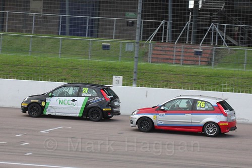 Nathan Edwards and Carlito Miracco in Race 2 at the BRSCC Fiesta Junior Championship, Rockingham, Sept 2015