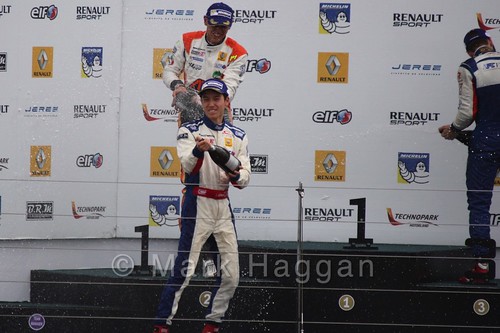 The champagne fight during podium Celebrations for Saturday's Formula Renault 2.0 Race 1 at Silverstone in WSR 2015