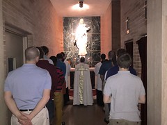 Seminarians sing the Salve Regina together at the conclusion of Night Prayer in St. Mark Chapel