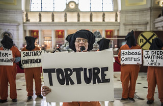 Paulette Schroeder Speaks During an Anti-Torture Demonstration at Union Station