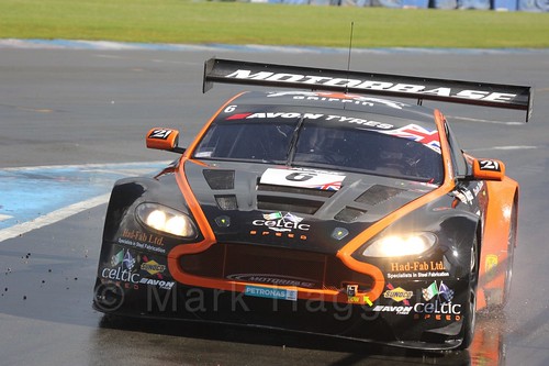 The Oman Racing Team Aston Martin V12 Vantage GT3 of Rory Butcher and Liam Griffin in British GT Racing at Donington, September 2015