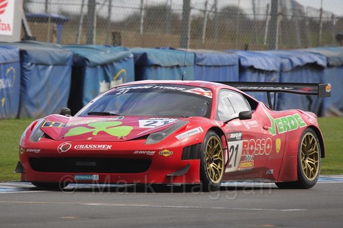 The Rosso Verde Ferrari 458 Italia GT3 of Hector Lester and Benny Simonsen in British GT Racing at Donington, September 2015