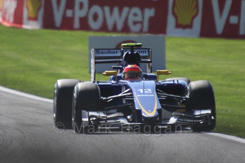 Felipe Nasr's Sauber in Free Practice 1 at the 2015 Belgium Grand Prix
