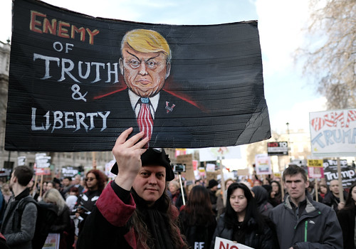 Enemy of truth and liberty - protester in Whitehall during the anti-Trump ban march in London., From FlickrPhotos