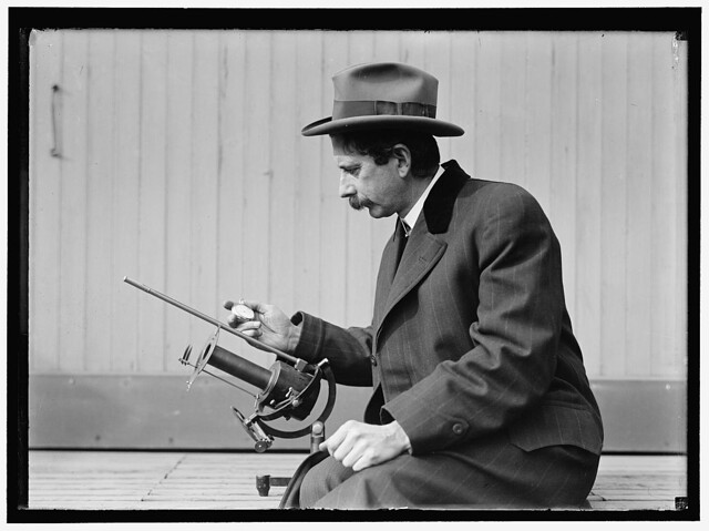 Identified!  [Charles Greeley Abbot, astrophysicist and Secretary of the Smithsonian, with his device: a silver-disc pyrheliometer which measures direct beam solar irradiance]   (LOC)