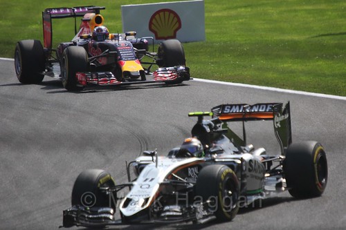Sergio Perez leads Daniel Ricciardo in the 2015 Belgium Grand Prix