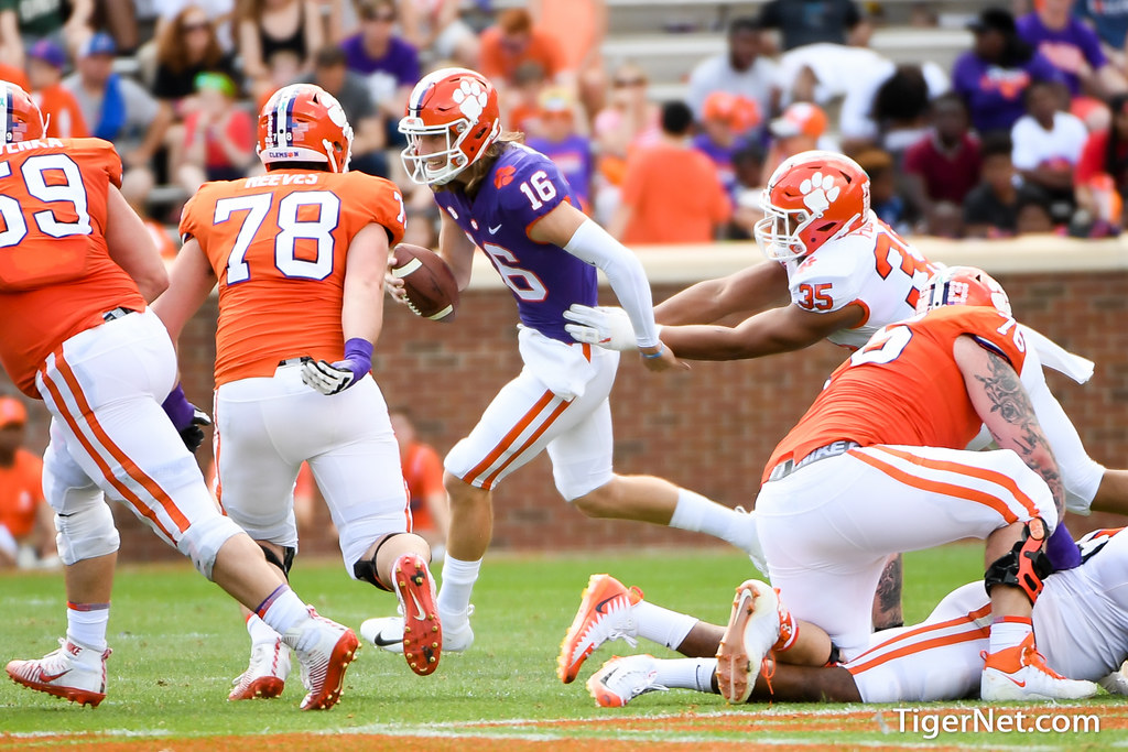 Clemson Football Photo of Justin Foster and Trevor Lawrence and springgame