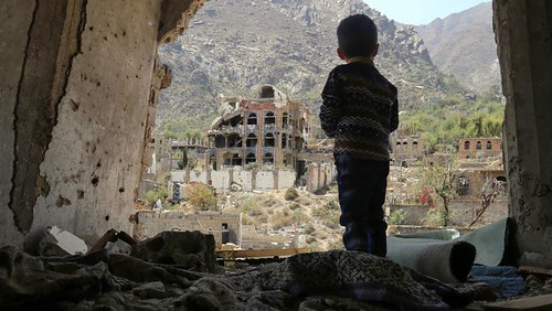 Child Gazing at Rubble in Yemen