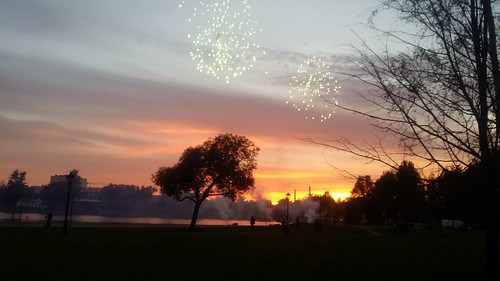 Sunset and fireworks.